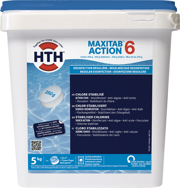 Chlore multiaction HTH MAXITAB Action 6 - Galets bi-couche 250 g.