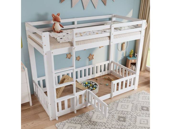 Lit superposé enfant 90x200 avec escalier droit et rambarde avec portillon et barrière de sécurité Blanc(Sans Matelas)