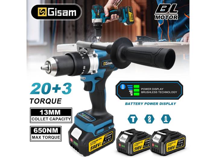 Perceuse à percussion électrique Gisam 650NM 13mm, tournevis sans balais, mandrin, marteau perforateur à percussion pour batterie Makita 18V, broches
