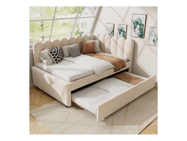Odikalo Schlafsofa PolsterJugendbett Ausziehbares Schlafcouch L-Form Kopfteil Wolkenform, Samtrosa Platzsparendes Design Kann als Kinderbett oder Gästebett genutzt warden