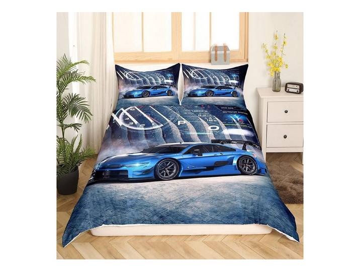 LuxusKollektion Jugendbettwäsche Bettwäscheset Rennwagen 155x220cm Blau Grau