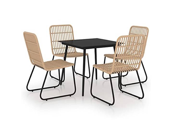 PUGYNBK Esszimmer-Set für Garten, 5-teilig, Tisch, Glas, Stühle, Rattan, Synthetik