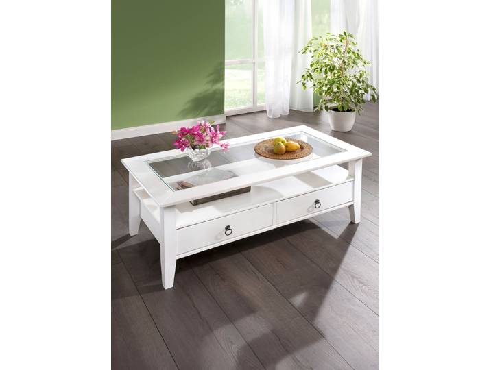 Massivholz Couchtisch im Landhaus-Stil, Weiss, rechteckig, mit 2 Schubladen