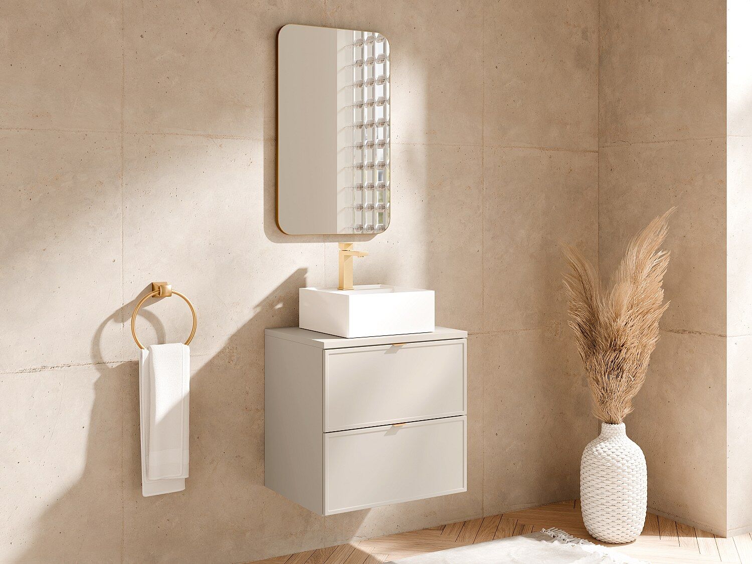 Unique Mueble de baño suspendido con lavabo sobre encimera cuadrado - Beige - 60 cm - ONDIL
