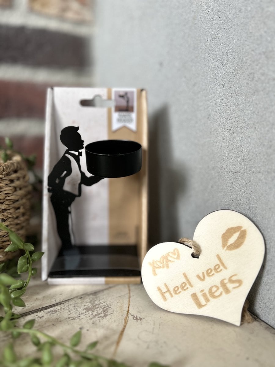 Creaties van Hier Butler Kaarsenhouder met houten hartje voor tealights, Metaal, B/D/H: 7 x 4 x 12 cm