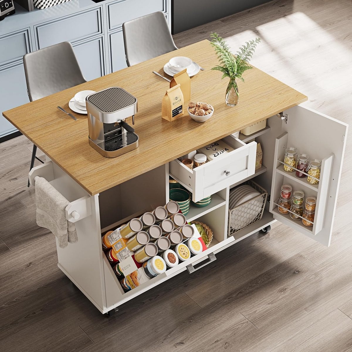 Multifunctioneel Keukeneiland met Opbergruimte en Vuilnisbak - Buffetkast en Eettafel