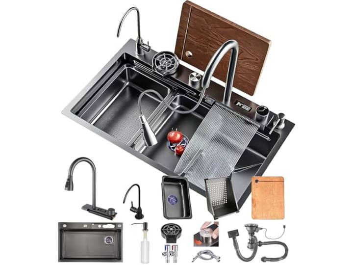DSMRLEOP Edelstahl Wasserfall Waschbecken 1 Becken Küchenspüle Wasserfall Pull-Down Spülbecken Waschbecken Mit Mit Ablaufkorb, Ablaufbecken, Schneidebrett, Ablaufkomponente Set(Black#02A,75x45cm)