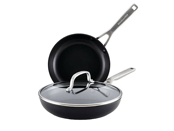 KitchenAid Harteloxiertes Induktions-Bratpfannen-Set mit Deckel, 3-teilig, 20,3 cm und 25,4 cm, langlebig, gleichmäßiges Erhitzen, spülmaschinen- und ofenfest, leicht zu reinigen, mattschwarz