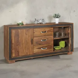 KADIMA DESIGN Rustikales Sideboard, Sheesham Massivholz, Kunstleder, 160x44x80 cm