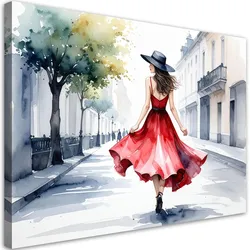 LEINWANDBILD Frau in rotem Kleid und Hut 100x70cm