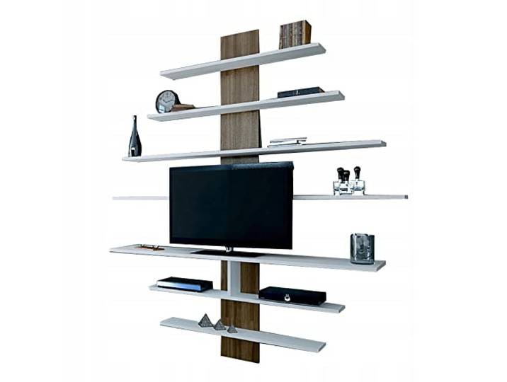 Modernes TV-Möbel, Weiß & Walnuss, 160 x 160 x 30 cm 100% melaminbeschichtete Spanplatte, 18 mm stark Wandmontage, stilvolles Design mit Mehreren Ablagen