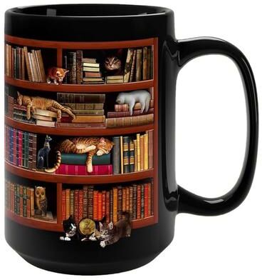 Multisell Products Hub Retro Book Pattern Mug, Literary Black Ceramic Coffee Cup, Vintage Bookshelf Theme, Book Lover Gift Mug c