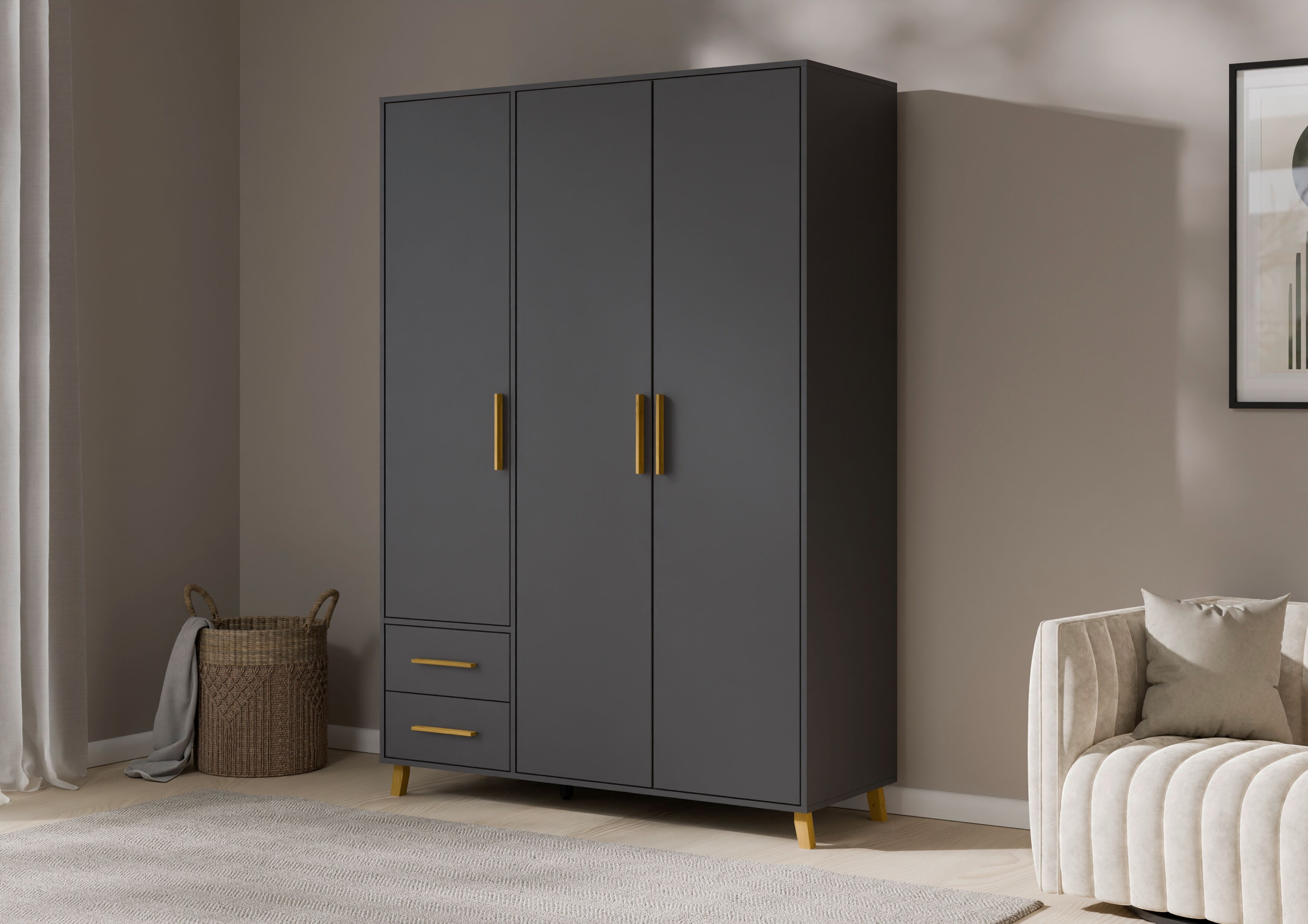 rauch "Kleiderschrank Schrank Garderobe SHINJO Breiten 93/140/187 cm" in 3 verschiedenen Ausstattungen BASIC/CLASSIC/PREMIUM, Griffe und Füsse aus Massivholz mit 2 Schubladen MADE IN GERMANY graumetallic B/H/T: 140cm x 203cm x 53cm, Basic