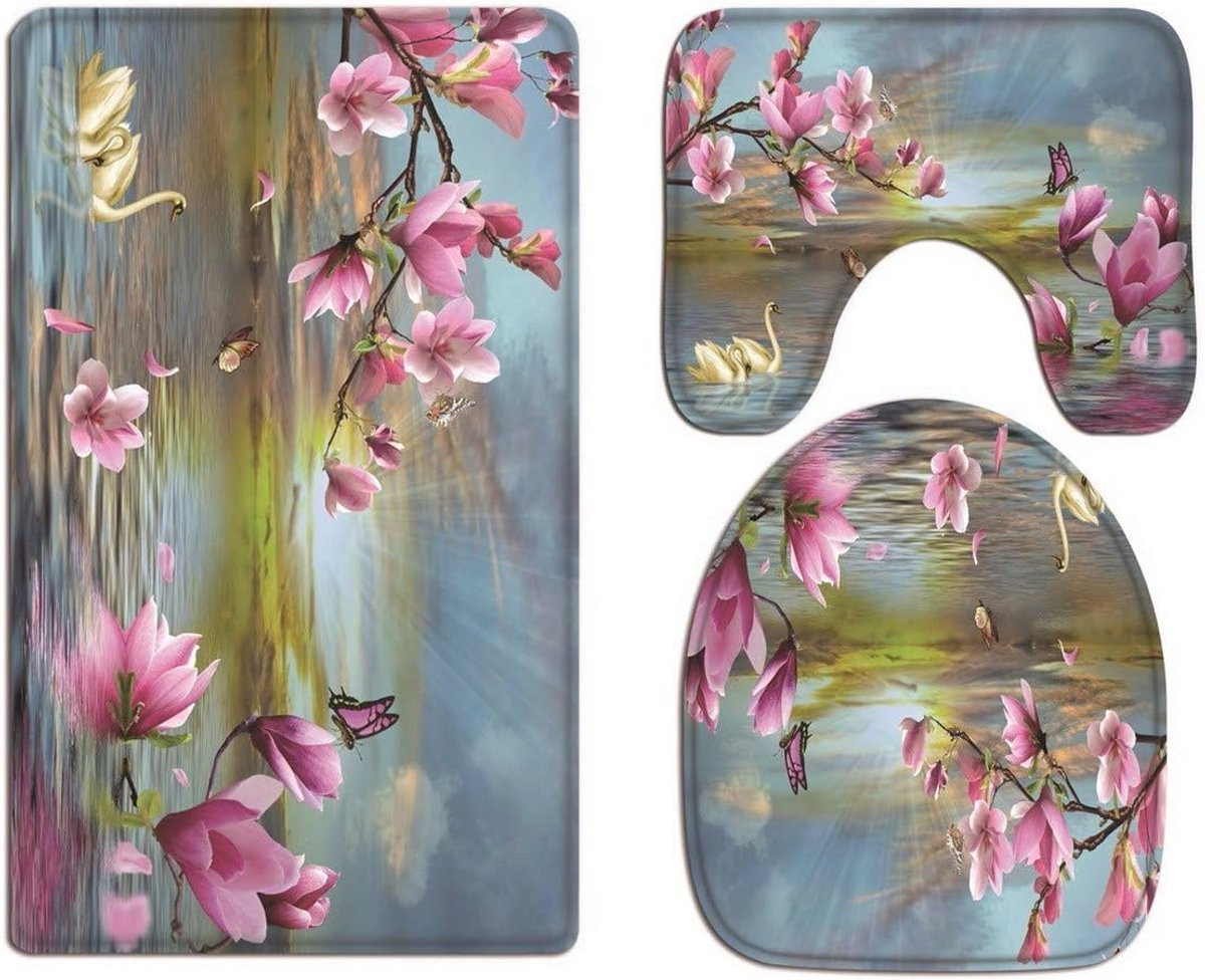 Magnolia Bloem Badmat en Accessoires Set - Wasbare Flanellen Badmat en Toilet Decoratie