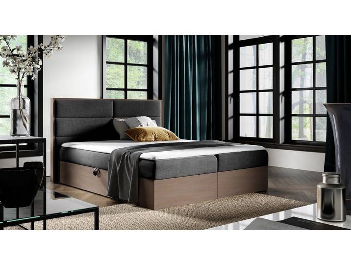 Fun Möbel Boxbett Schlafzimmerbett LAMBROS in Stoff u. Dunkle-Eiche-Optik (Gepolstertes Kopfteil, inkl. Kaltschaumtopper), Dunkle-Eiche-Optik