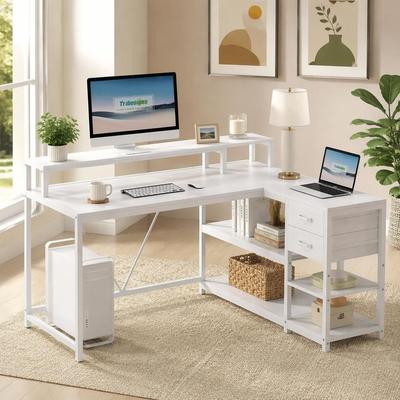 Reversible L-Shaped Desk, Industrial Corner Desk with Drawer & Shelves