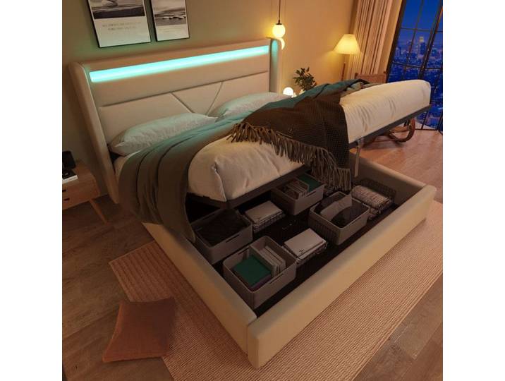 Lit double 160x200cm Lit coffre avec barre d'éclairage LED Lit fonctionnel Lit adulte Blanc (Avec télécommande)