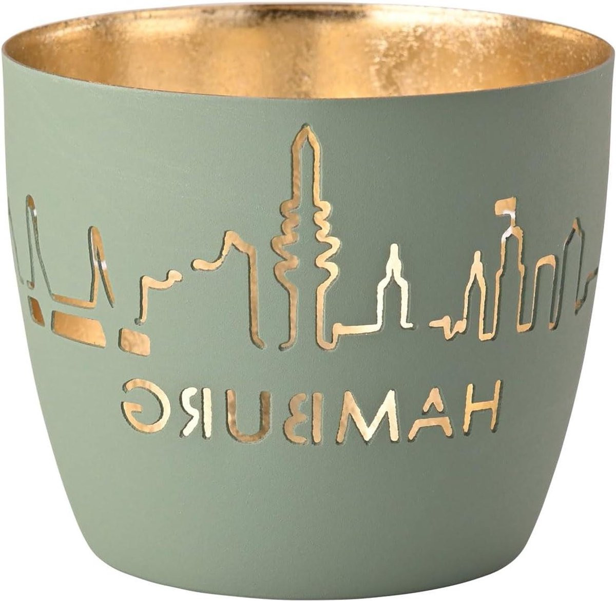 Windlicht Madras Lantaarn Kaarsenhouder met Hamburg Skyline Opschrift - Poederblauw Goud - Hoogte: 85 cm
