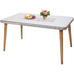 Poly-Rattan Esstisch MCW-H65, Garten-/Lounge-Tisch, Stahl + Akazie halbrundes Poly-Rattan MVG 150x90cm ~ grau