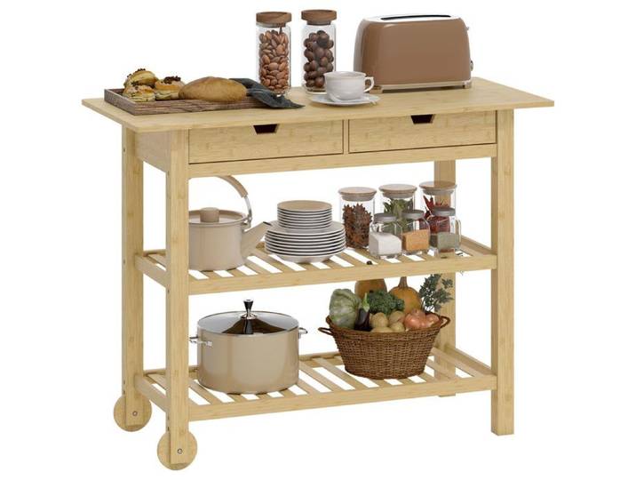 Desserte de Cuisine à Roulettes en Bambou - Billot avec 2 Tiroirs 2 Étagères et Porte-Serviettes - Plateau 100x43 cm - Bois Naturel