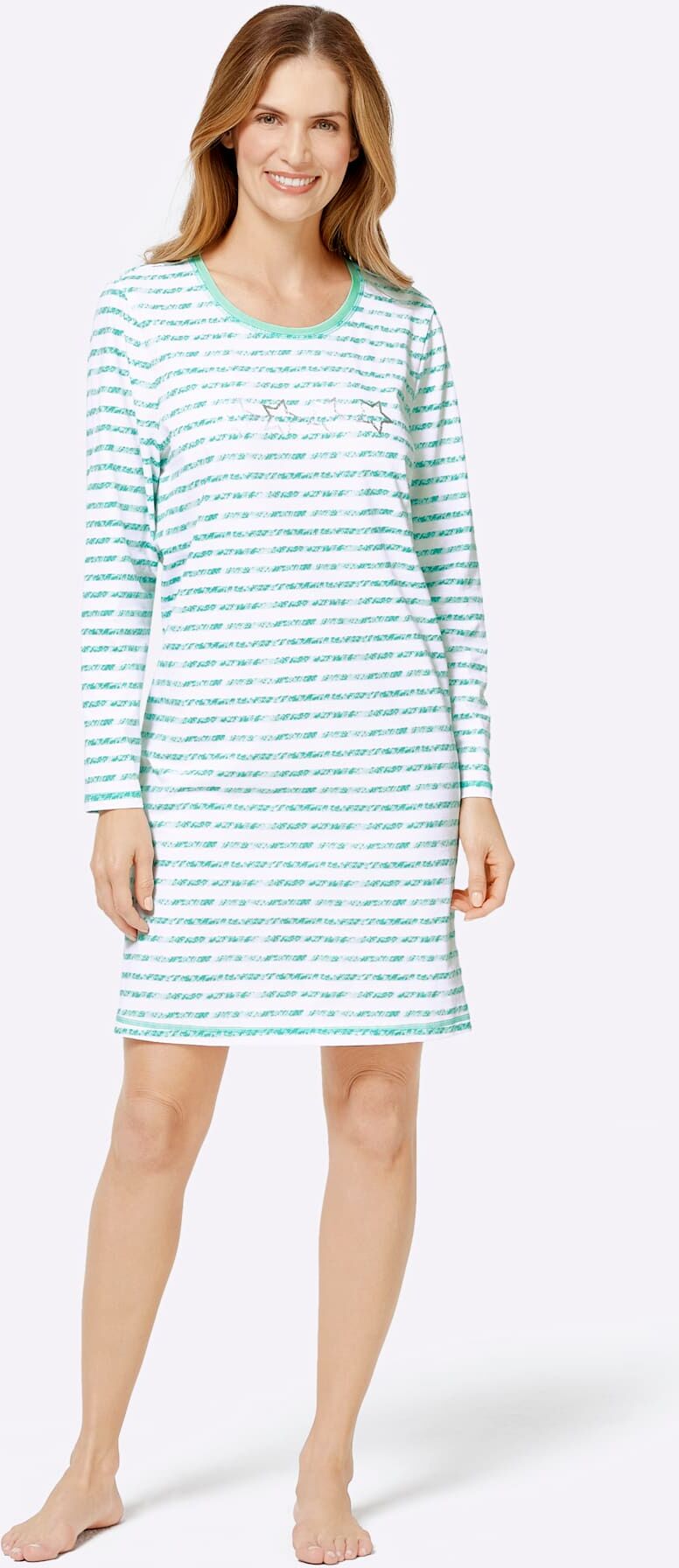 Nachthemd WÄSCHEPUR "Langarm-Sleepshirts", Damen, Gr. 44/46, Normalgrössen, Langarm, grün (mint, mint, gestreift), 100% Baumwolle, Meliert:95% Baumwolle, 5% Viskose, gemustert, gestreift, meliert, unifarben, Kleider Nachthemd mint, mint, gestreift 44/46, 