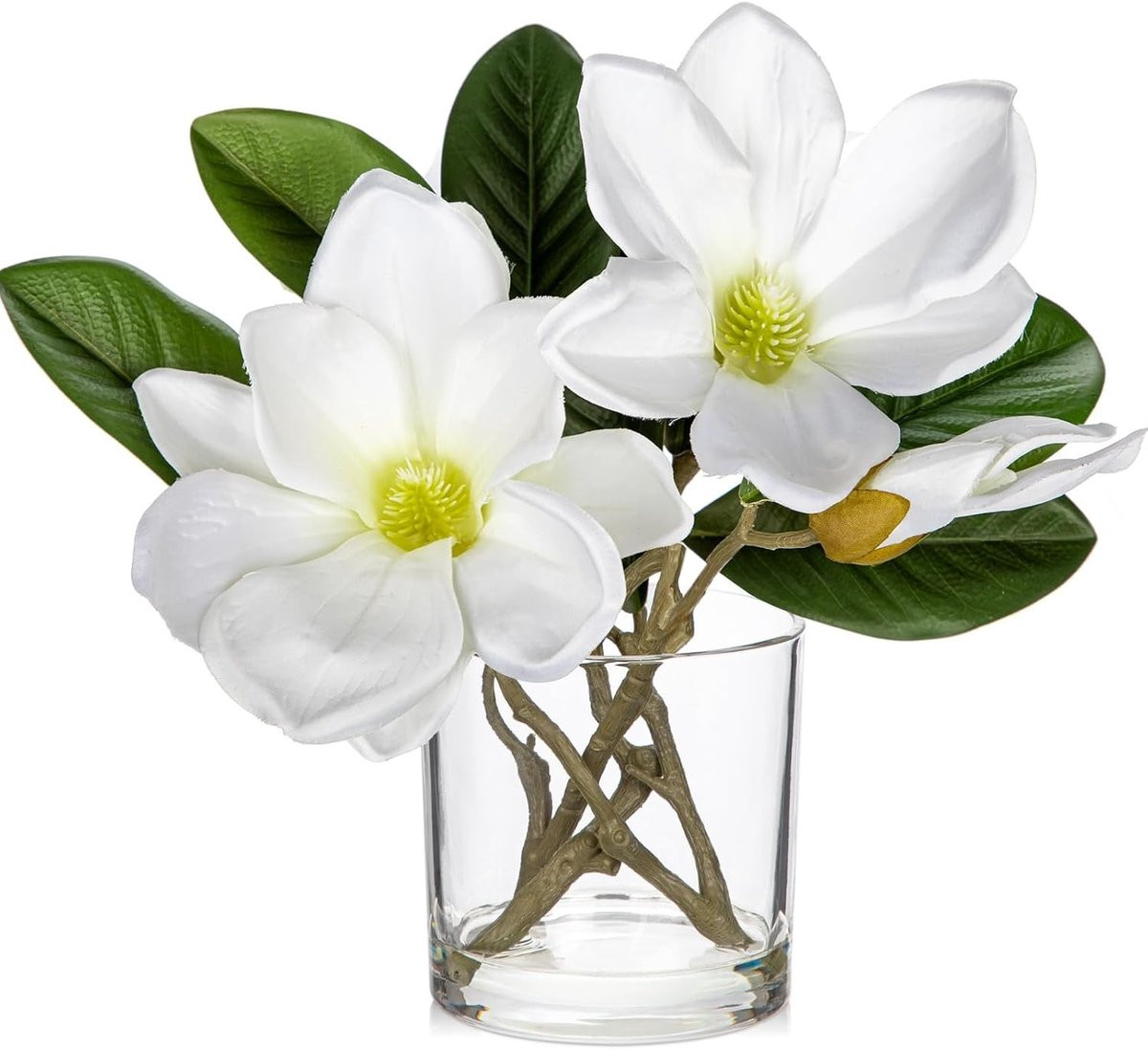 Kunstmatige Magnolia Bloemarrangement in Glazen Vaasje, Wit, Hoogte: 25 cm