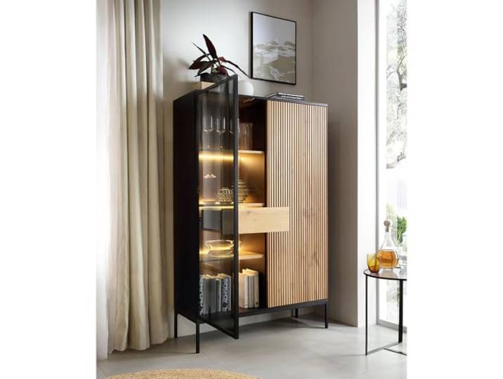 Lomadox Wohnzimmer Esszimmer Anrichte Highboard mit Beleuchtung in schwarz mit Wotan Eiche