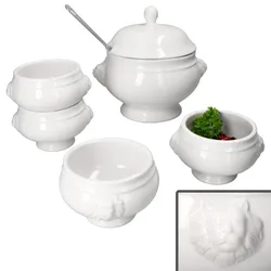 5tlg Set LEO Löwenkopf-Terrine mit & ohne Deckel 2L 0,45L weiß Suppen-Schale