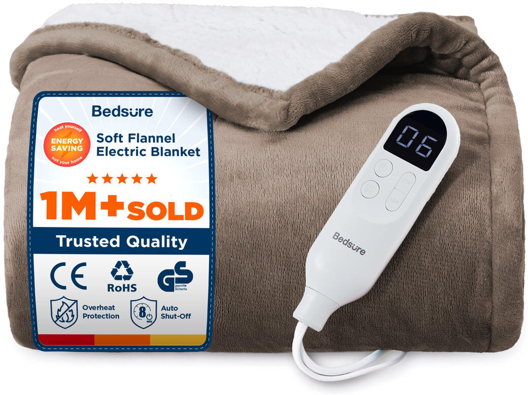 Bedsure Heated Blanket Electric Throw with 10 Time Settings, 6 Heat Settings, Overheat Protection Taupe 130cm W X 160cm L