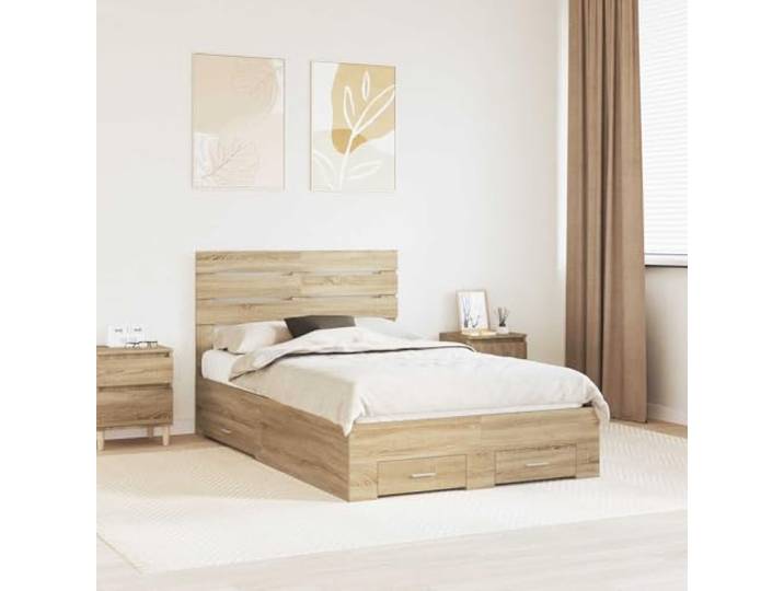 RJPLMFV Bettgestell mit Schubladen, Holz aus Technik Minimalistisches Design, Griffe aus Metall, Lattenrost inklusive, integrierte Aufbewahrung