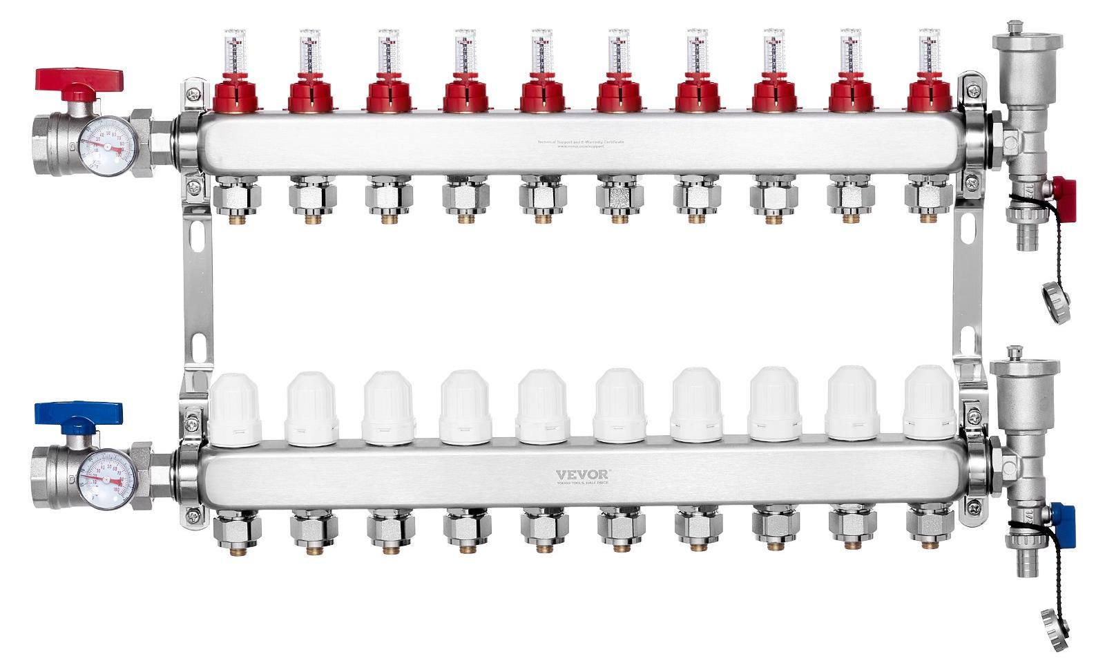 VEVOR 10-weg warmteverdelingsverdeler van roestvrij staal met 1/2 inch PEX-buis en adapters voor hydronische vloerverwarming, zilver
