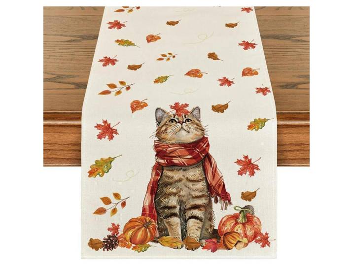 Tischläufer Herbst Katze Kürbisse 40 x 240 cm, Mehrfarbig, 40x1.5x240 cm, Heimtextilien, Wohntextilien, Tischwäsche, Tischläufer