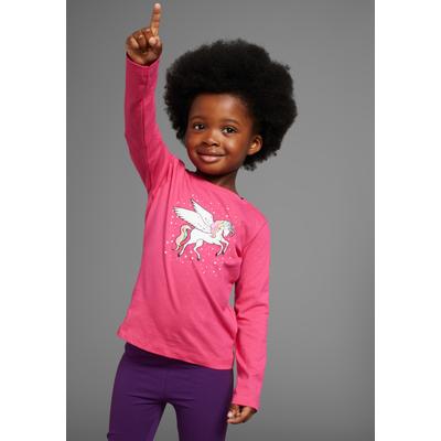 Langarmshirt KIDSWORLD "mit süßem Einhorn Druck", Mädchen, Gr. 128/134, pink, Jersey, Obermaterial: 100% Baumwolle, bedruckt, Basic hüftlang, Rundhals, abgesteppte Kante, Shirts Langarmshirt, langärmlig, hüftlange Passform, stylischer Druck