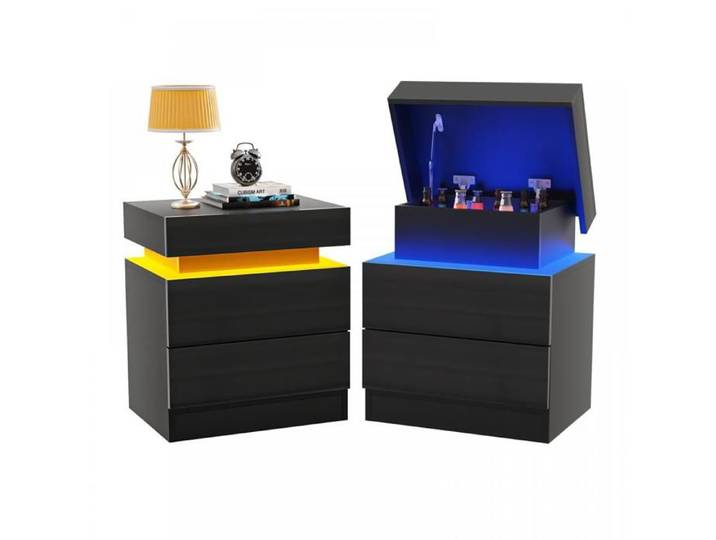 OHMG-Table De Chevet À Deux Tiroirs-Avec LED-Avec Couvercle À Rabat-Fabriqué En Panneaux De Particules-Télécommande-Noir
