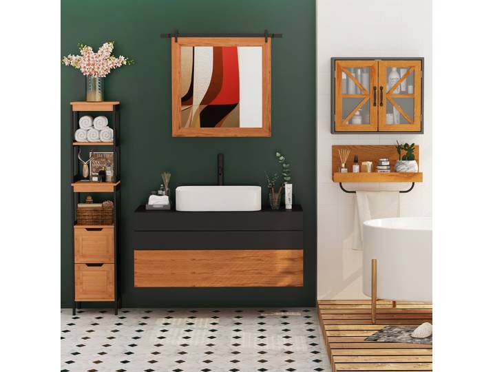 HOMCOM Colonne Salle Bain Bambou Noir 3 Étagères 144cm