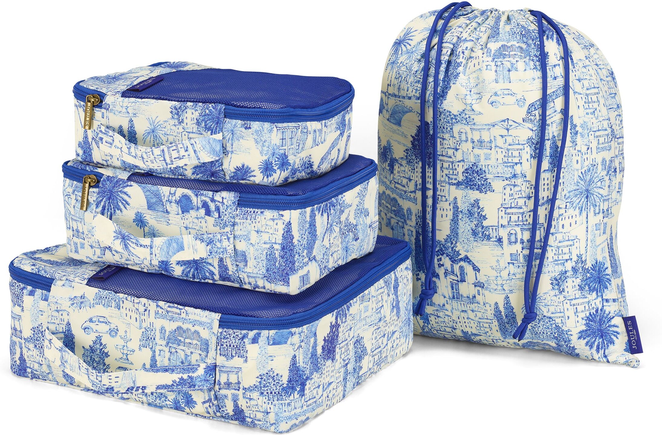 Joules City Toile Print Set of Packing Cubes - Blue/White