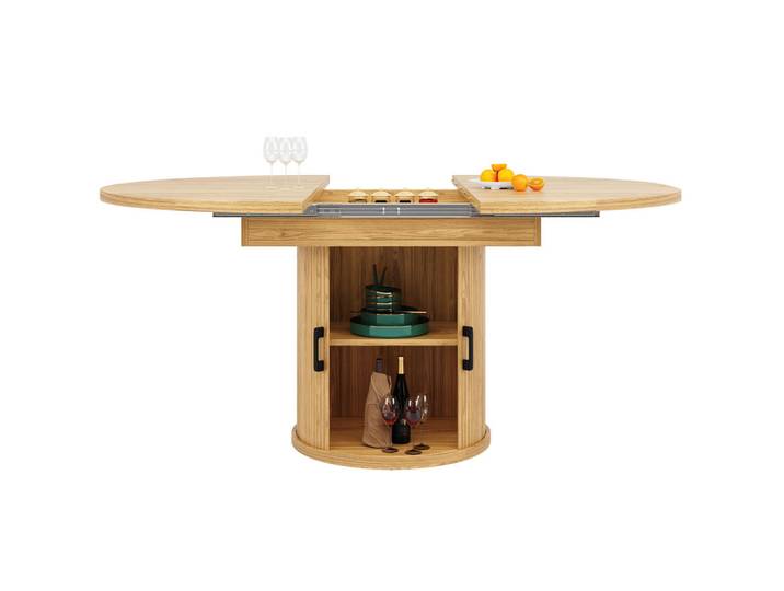 Oxeza Esstisch Ausziehbar Natürlich mit Stauraum 118-158/118/76 cm, Naturfarben, Holz, Mode, Rund,Rund, 118x76.8x118 cm, Esszimmer, Esstische