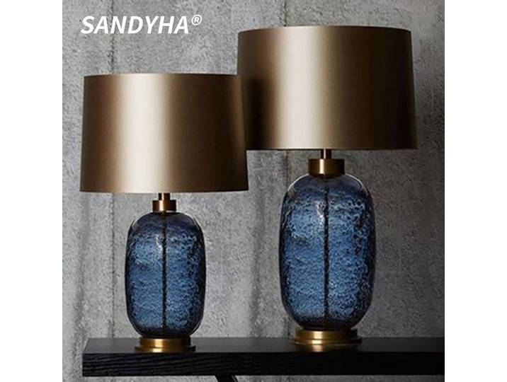 2026 SANDYHA moderne américain bleu verre lampadaire tissu abat-jour chaud lumière LED chambre Table de chevet salon décoration