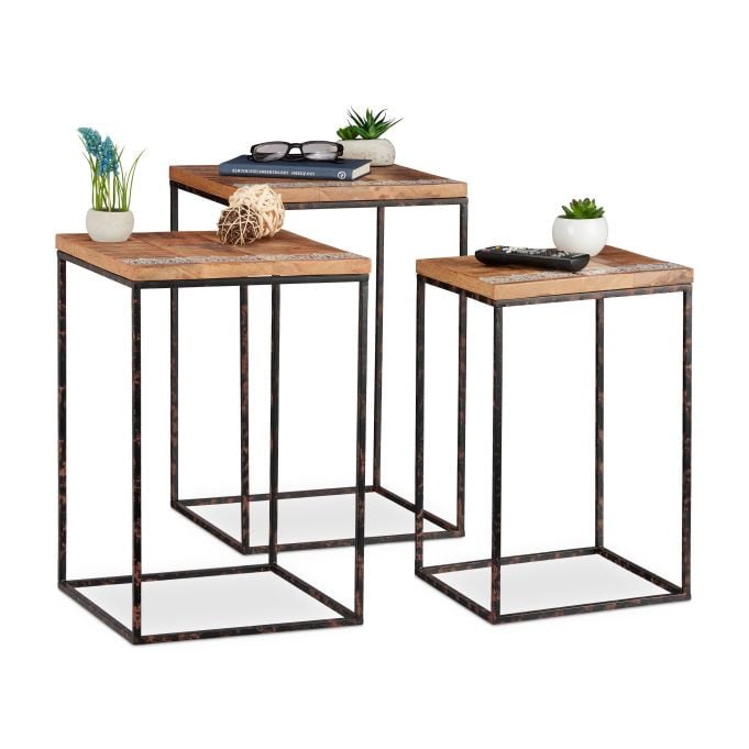 Relaxdays Bijzettafel set van 3, Mangohout en Metaal, Bruin/Zwart, Industrieel Design