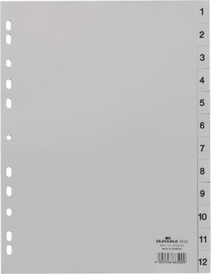 Durable Kunststoffregister, A4 hoch, Zahlen 1-12, grau