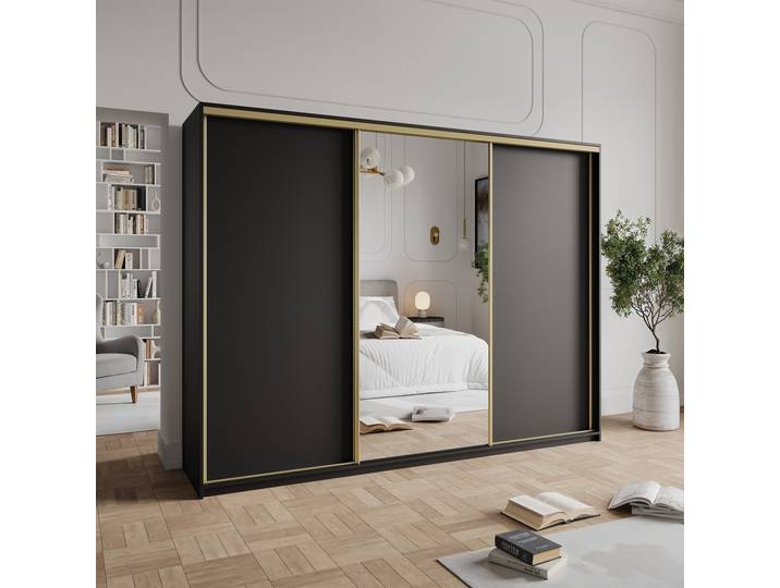 Masseno Schiebetürenschrank TAVI 250/205/60cm 3-türig mit Spiegel Schwarz