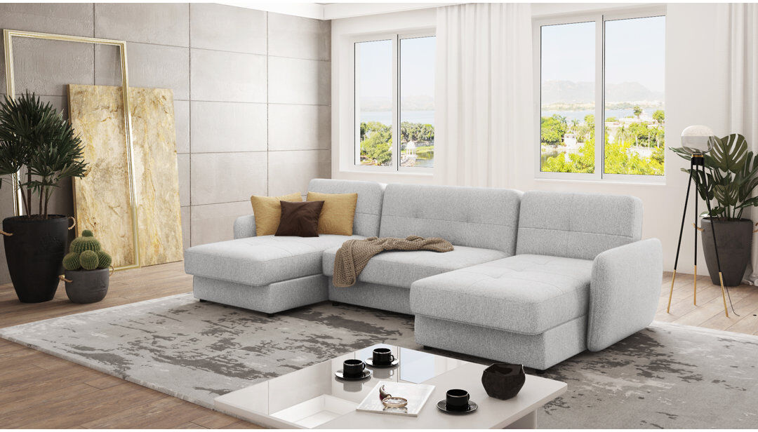 S-Style Furniture Modern U-Shape Corner Sofa with Sleeping Function And Storage Silver 86cm H X 311cm W X 147cm D