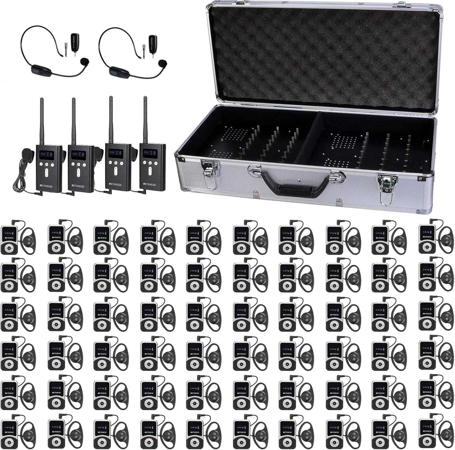 Retekess T130S Tour Guide System, 49 Kanäle, 100m, D-Kopfhörer, mit 64 Steckplätzen Ladebox für Tourismus, Schulungen (60 Empfänger), walkie talkie