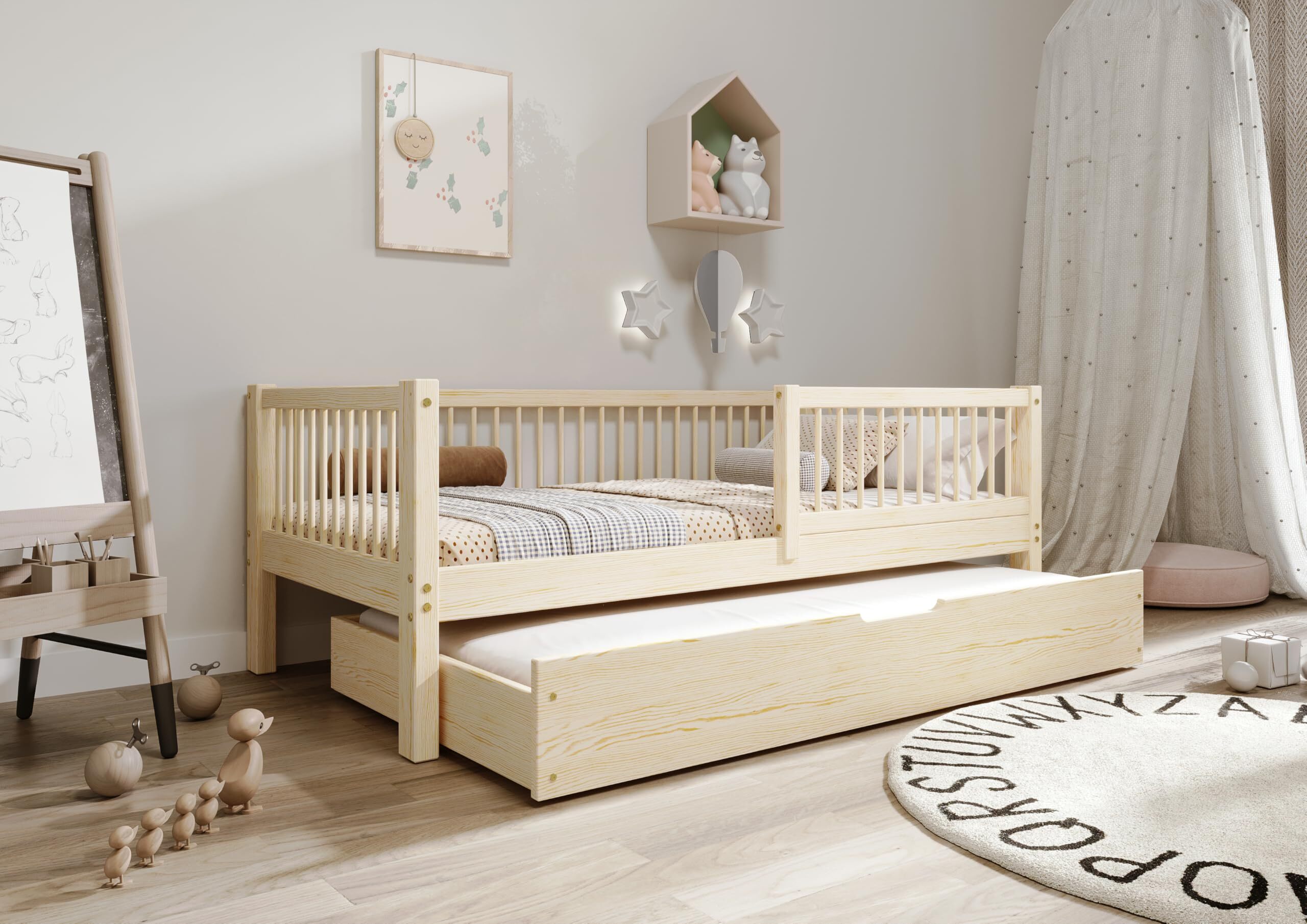 TIMBEE Alfie Doppelbett Kinderbett 90x180 mit Schublade mit Schlaffunktion Kieferbett Holz Unlackiert