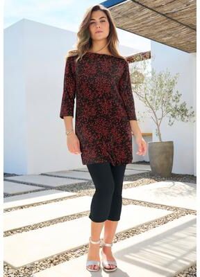Plus Size Women's Plus Size Cotton Ultimate Boatneck Tunic with Side Slits by Roaman's in Black Wispy Vine (Size 12) Long Shirt