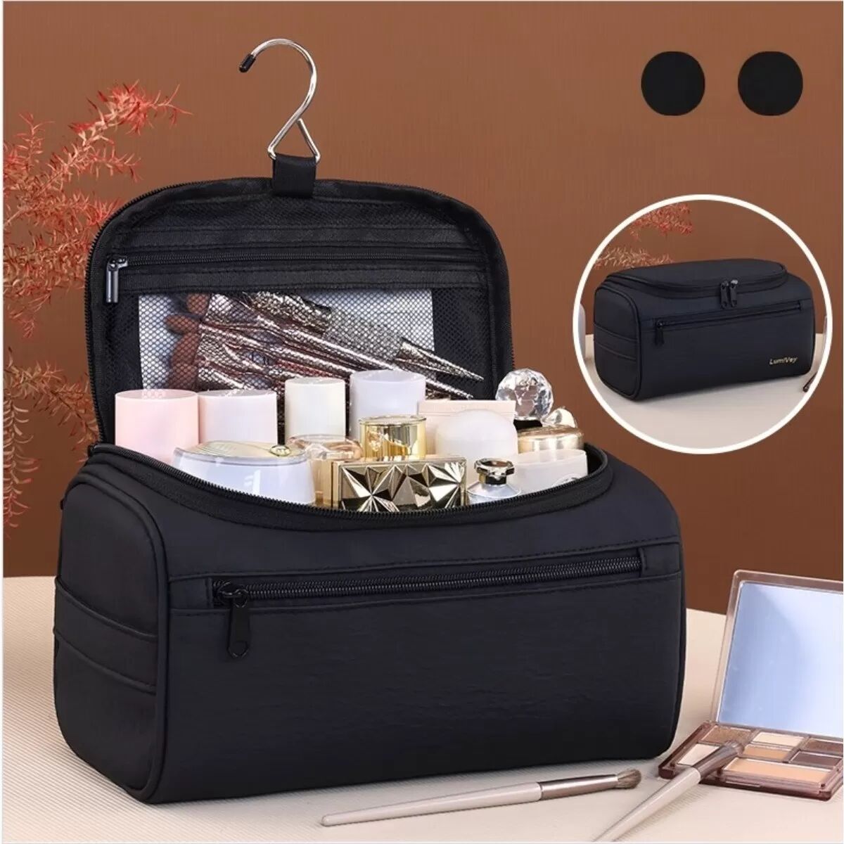 INF Hängende multifunktionale Kulturtasche — Tragbarer Polyester-Reise-Make-up-Organizer mit großem Fassungsvermögen, mehreren Schwarz