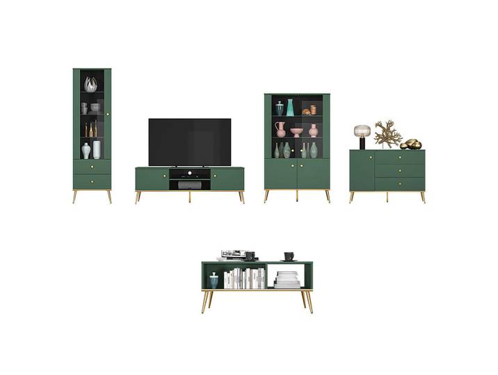 Feldmann-Wohnen Wohnzimmer-Set Forest 5-teilig dunkelgrün / gold, Grün, Holz, 8 Fächer, Rechteckig,Rechteckig, 427x190x40 cm, Wohnzimmer, TV Möbel, Lowboards, Lowboards stehend
