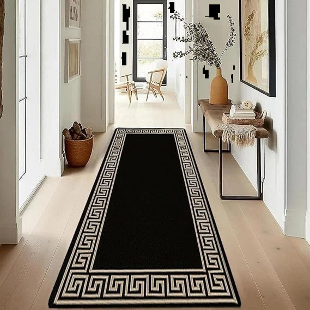 Metro Runner Geometric Flokati Area Rug Black Beige Runner 66 x 220 cm