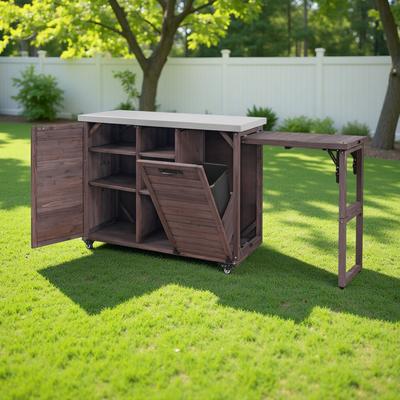 ZWYO HOSIMU "78.3"" Outdoor Kitchen Island with Foldable Grill Table, Wooden Grill Cart with Trash Can Storage & Stainless Steel Top for Lawn"