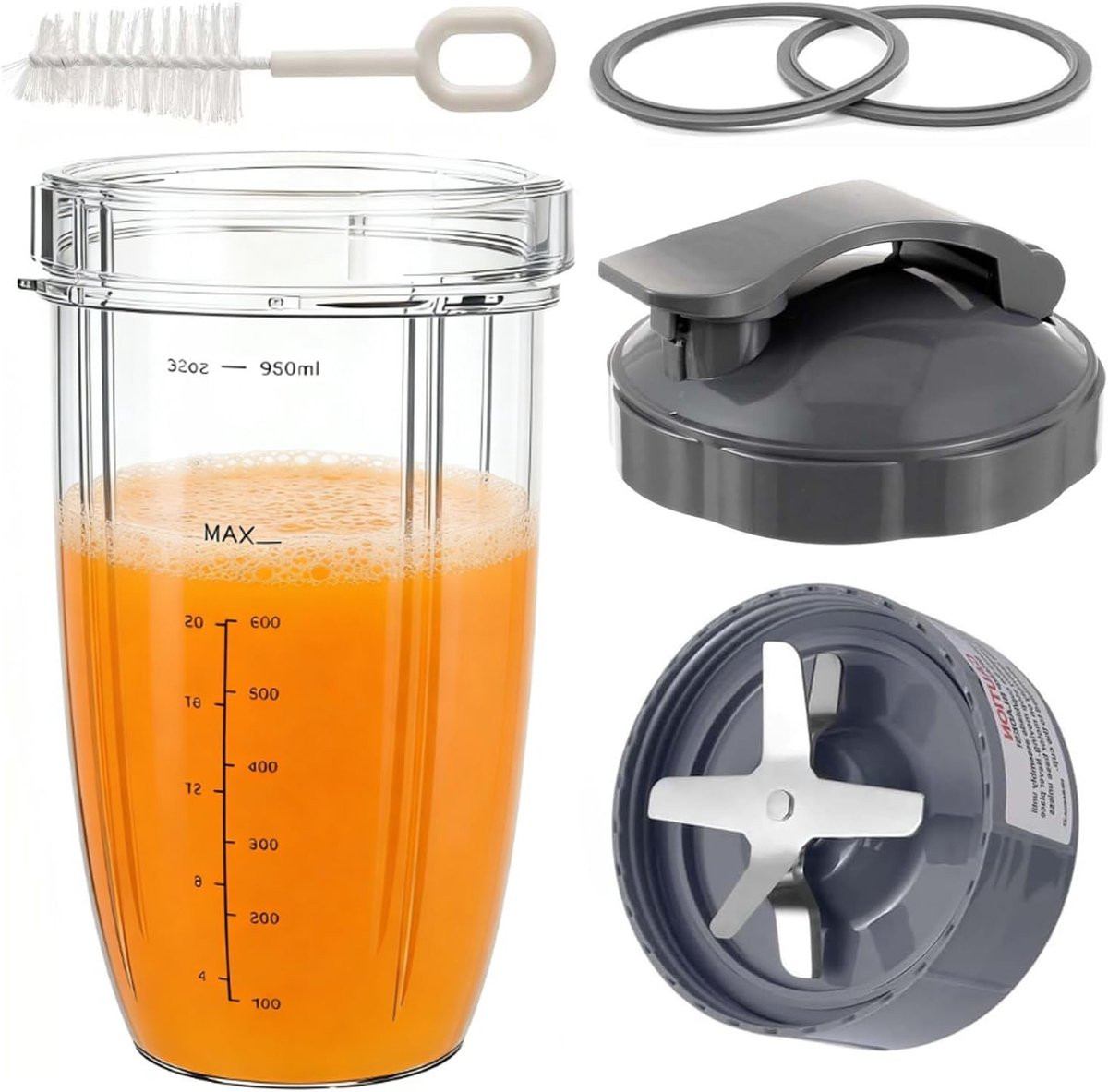 Mixer accessoires set met 2 dekringen, 950ml beker en snijmes met flip-top deksel voor smoothies en sapjes